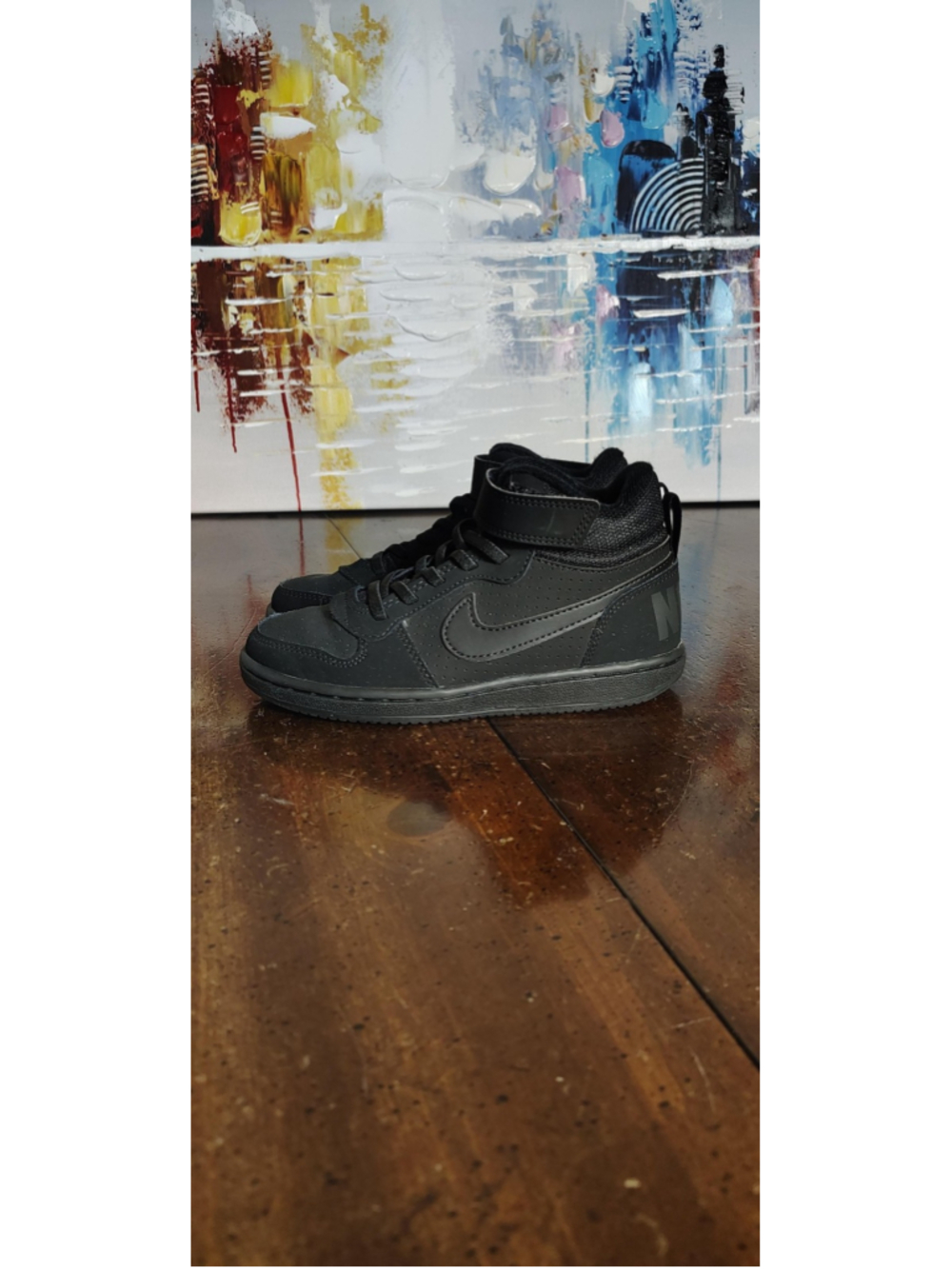 Nike High Top Shoes Kids Size 13C All Black Strap Basketball Sneakers 870026-001